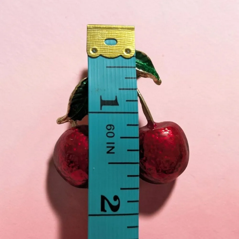 Vintage Cherry Brooch Pin, Red Enamel Fruit Brooch, Gold Tone, Retro Cottagecore